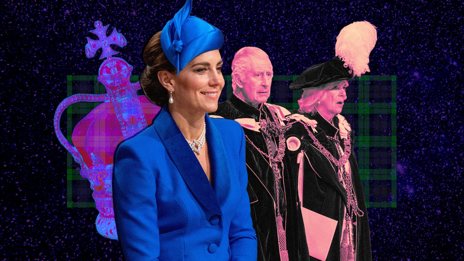 A photo composite of Kate Middleton, King Charles III and Queen Camilla at the the presentation of the Honours of Scotland.