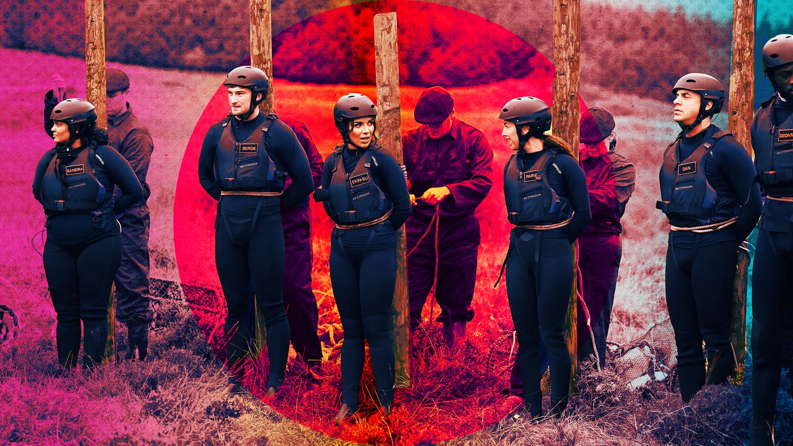 A photo illustration of the cast of The Traitors.