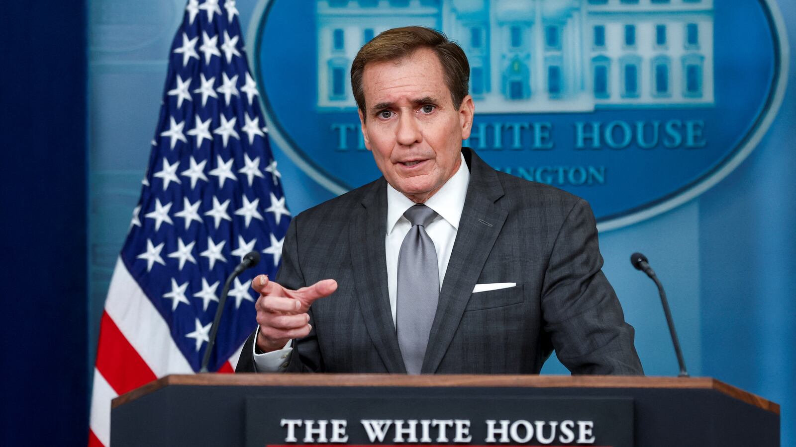 John Kirby answers questions during the daily press briefing at the White House
