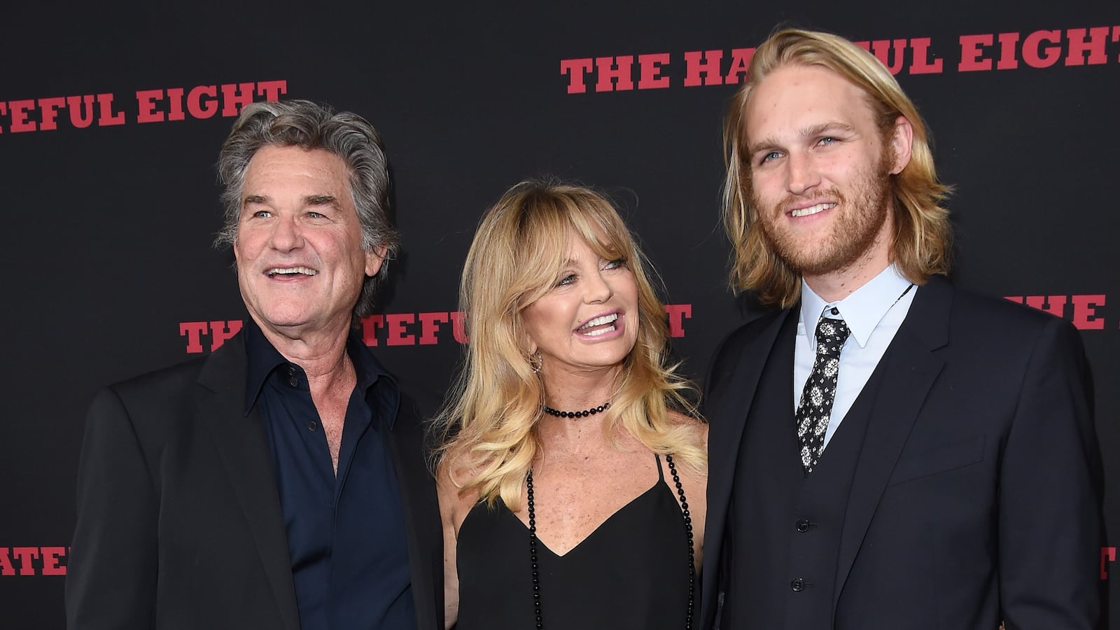Kurt Russell, Goldie Hawn and Wyatt Russell arrive at the Los Angeles Premiere of 'The Hateful Eight' at ArcLight Cinemas Cinerama Dome on December 7, 2015 in Hollywood, California.