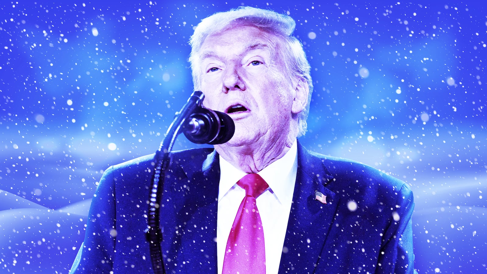 A photo illustration of Donald Trump in the snow.