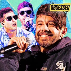 Obsessed podcast illo illustration of Jorma Taccone and Andy Samberg.