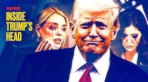 Donald Trump smiles as Pam Bondi and Kristi Noem cry.