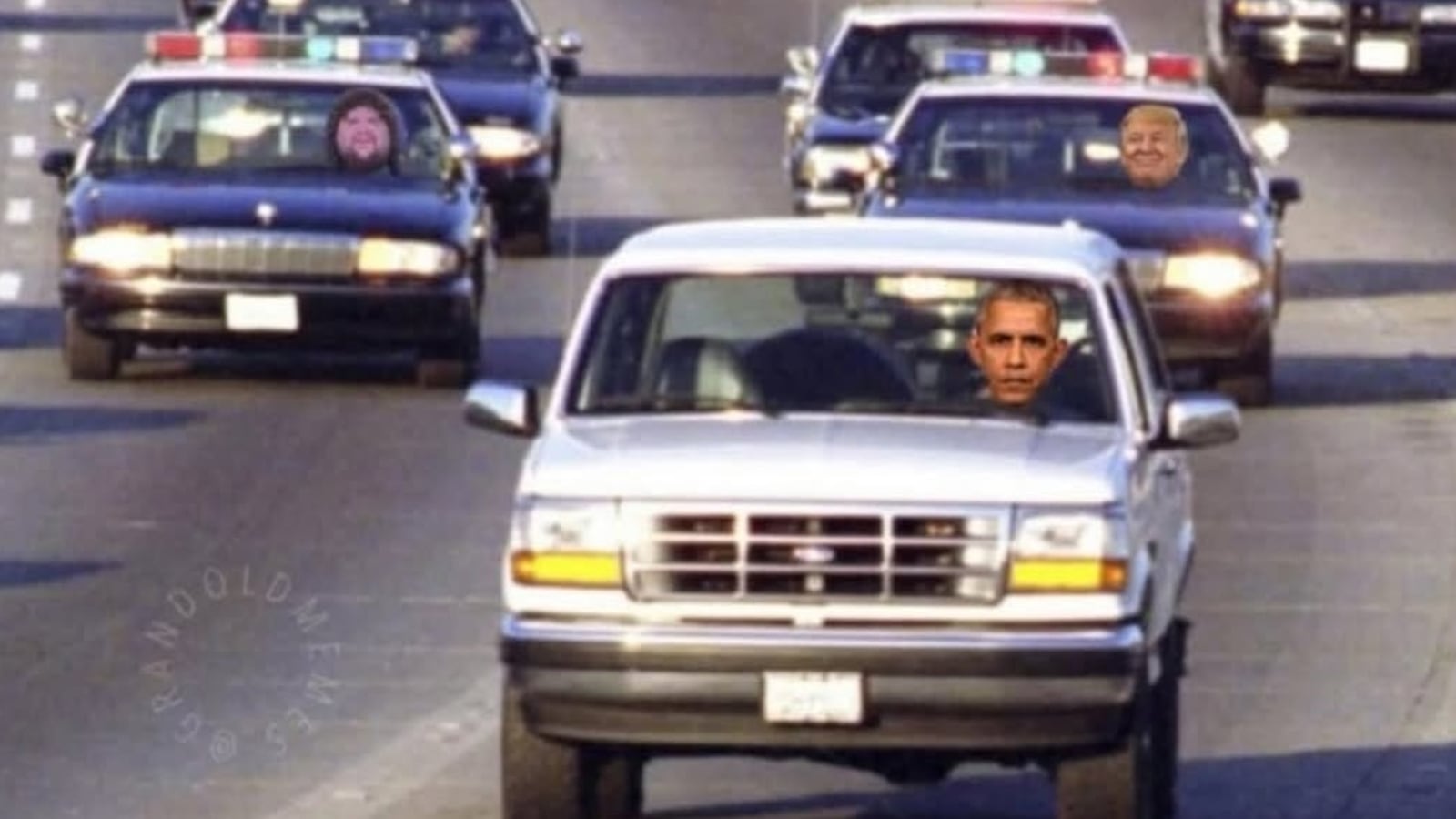 Meme of O.J Simpson car chase showing Barack Obama being pursued by Donald Trump and JD Vance.