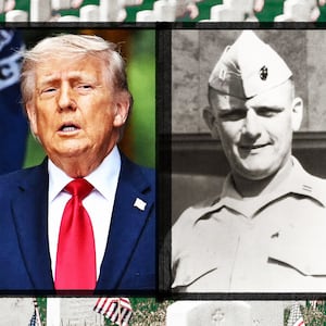 A photo illo illustration of Donald Trump, Col. Donald Cooke, and Arlington National Cemetary.