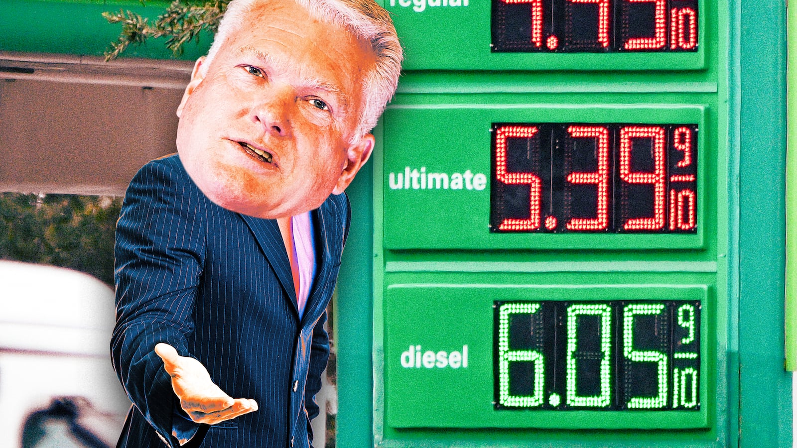 A photo illustration of Rep. Mike Collins in front of a gas station price sign.