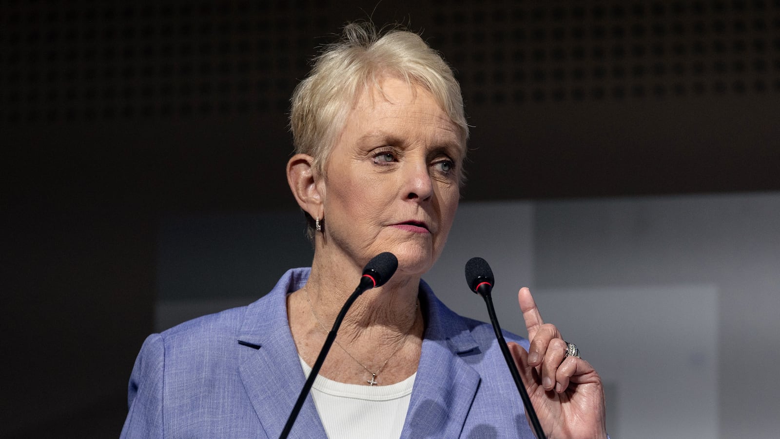 MILAN, ITALY - MAY 07: Cindy McCain, executive director of the United Nations World Food Programme (WFP), delivers a speech while attending a panel during the Asian Development Bank’s 58th Annual Meeting at MiCo - Milano Convention Centre on May 07, 2025 in Milan, Italy. The Asian Development Bank (ADB) Annual Meeting is a yearly gathering of the ADB's Board of Governors, serving as a prominent platform for discussing economic and social development issues in the Asia-Pacific region. (Photo by Emanuele Cremaschi/Getty Images)