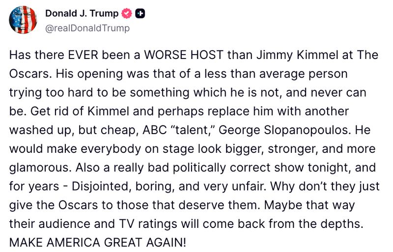 Trump Truth Social post about Kimmel at the Oscars