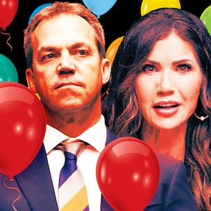 A photo illustration of Bryon and Kristi Noem surrounded by balloons.