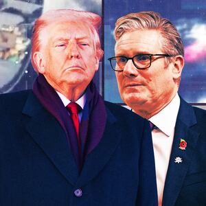 A photo illustration of Donald Trump and Keir Starmer and images of US boat strikes.