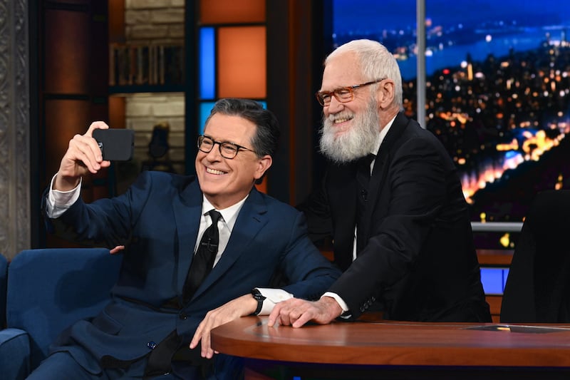 "The Late Show with Stephen Colbert" and guest David Letterman during November 20, 2023 show.