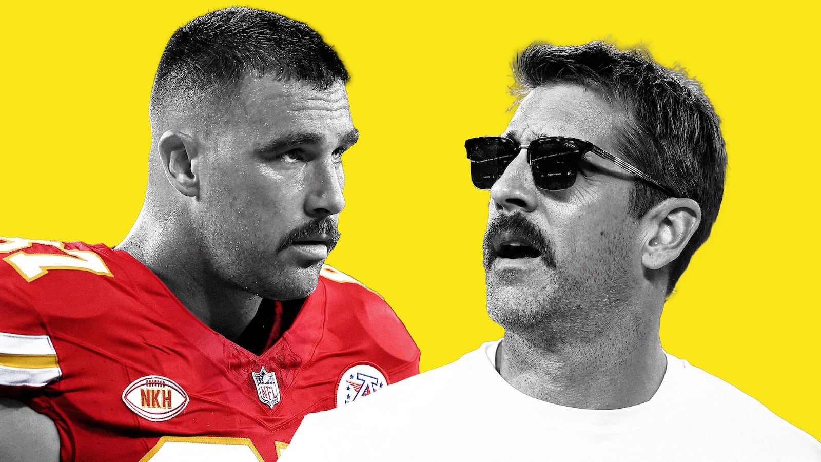 An illustration including a photo of Aaron Rodgers and Travis Kelce