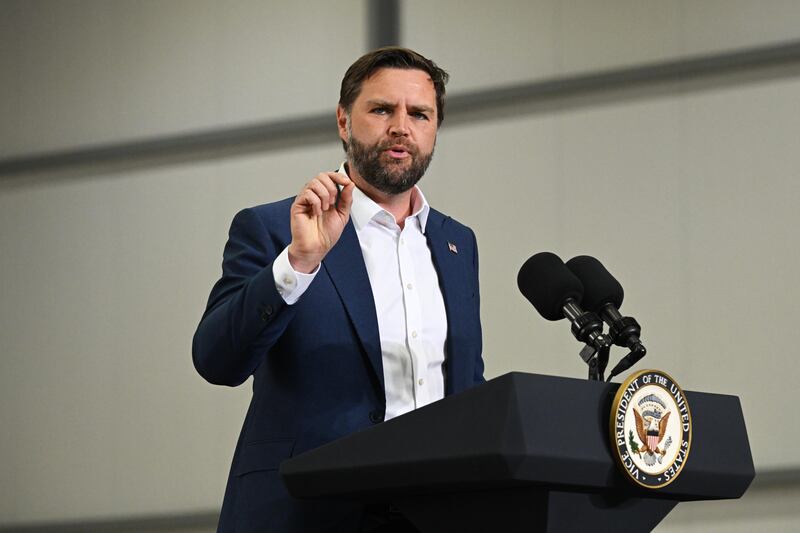 FAIRFORD, ENGLAND - AUGUST 13: U.S. Vice President JD Vance addresses U.S. troops and families during a visit to RAF Fairford on August 13, 2025 in Fairford, England. U.S. Vice President JD Vance is making the visit to American troops from the United States Air Force's 501st Combat Support Wing and the 99th Expeditionary Reconnaissance Squadron based at RAF Fairford. The visit comes as Vance and his family are spending part of their summer vacation in nearby Chipping Norton in the Cotswolds. (Photo by Leon Neal/Getty Images)
