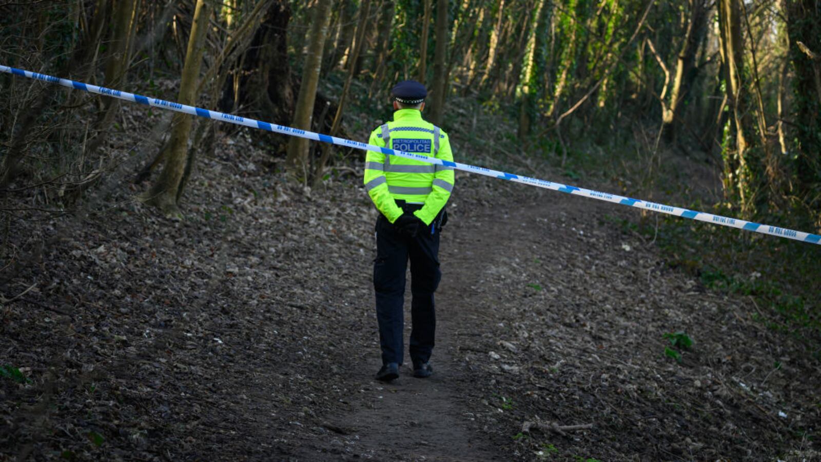 A police officer during the search for Constance Marten’s child. The aristocrat told her manslaughter trial in London that she never harmed her baby.