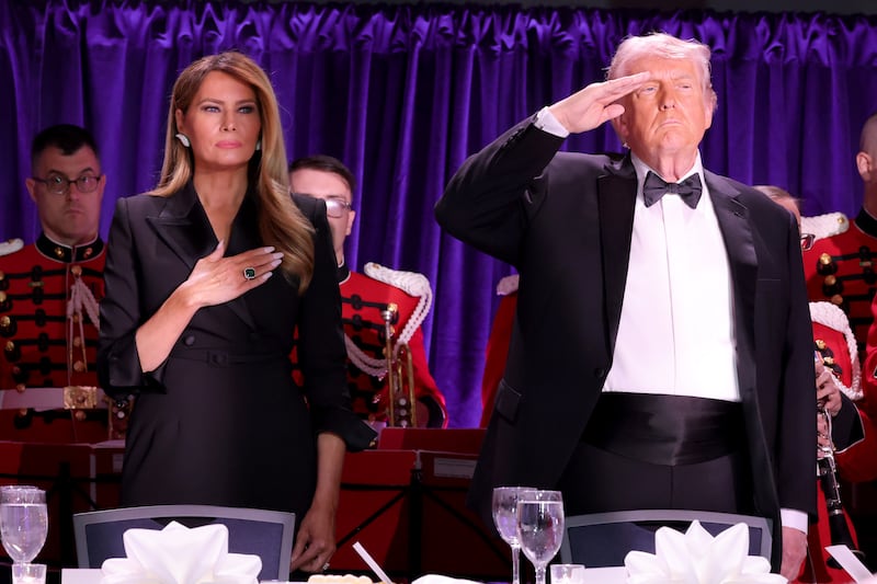WASHINGTON, DC - APRIL 25: (L-R) Melania Trump and U.S. President Donald Trump attend as Mentalist Oz Pearlman hosts The White House Correspondents Dinner at Washington Hilton on April 25, 2026 in Washington, DC.