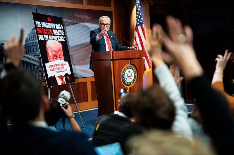 Senate Minority Leader Chuck Schumer speaks at a news conference on Capitol Hill on November 5, 2025, in Washington, D.C.