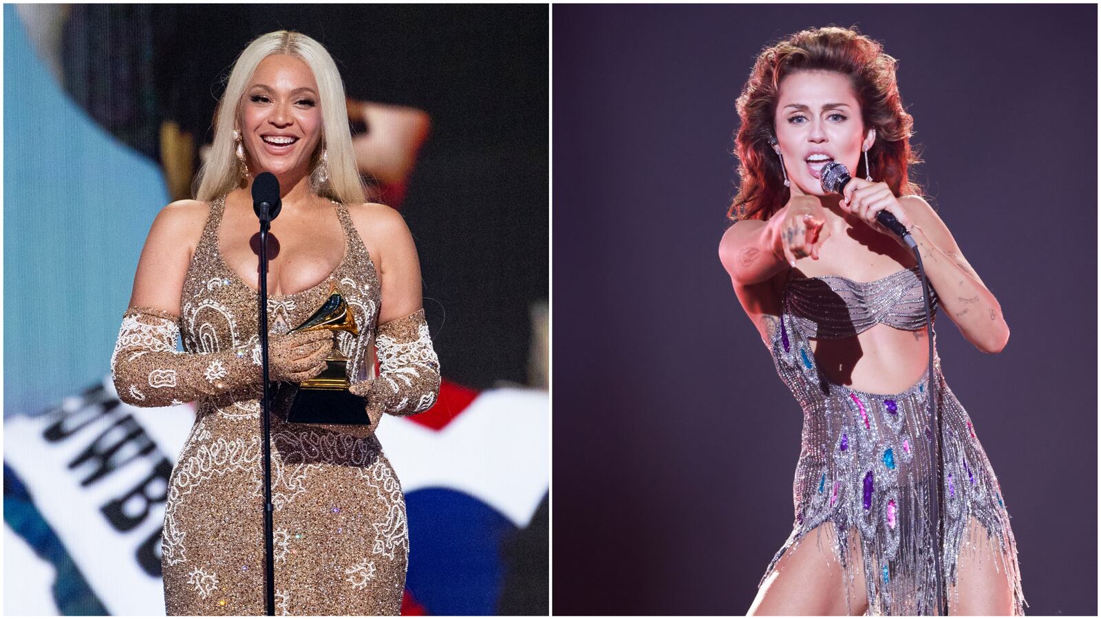 Side-by-side image of Beyonce and Miley Cyrus