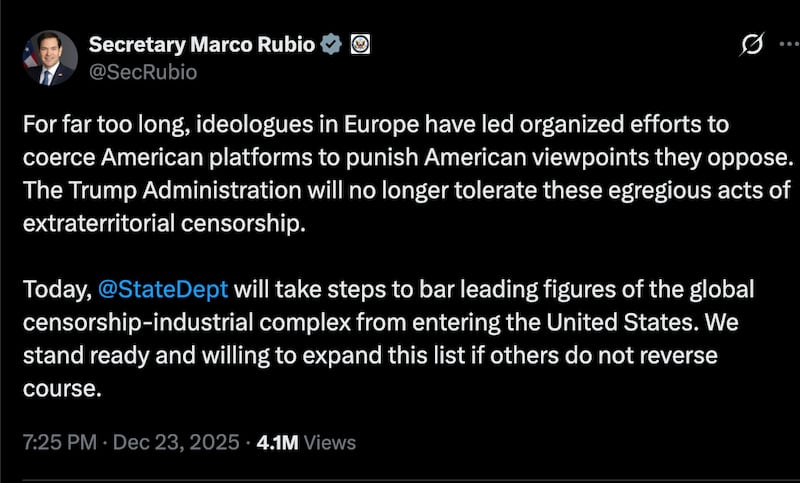 Marco Rubio announced on X the decision to bar five European leaders from entering America.