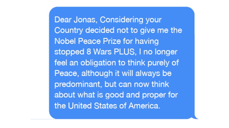 Text exchange between Norwegian Prime Minister Jonas Gahr Støre and Donald Trump