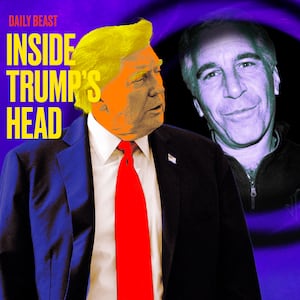 A photo illustration of President Donald Trump and Jeffrey Epstein in a purple black hole abyss.