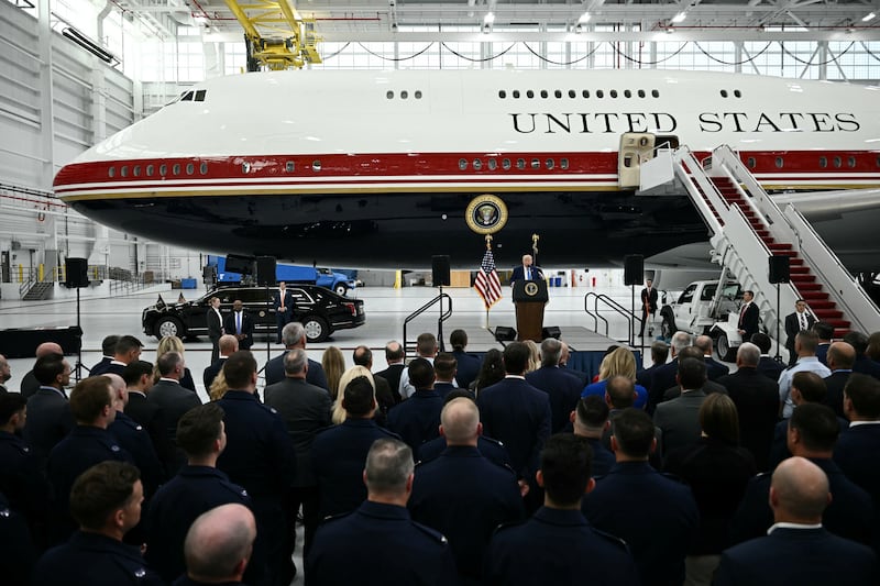 US President Donald Trump speaks in front of the new Air Force One in a hangar at Joint Base Andrews in Maryland on June 19, 2026.