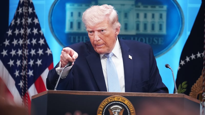 UNITED STATES - APRIL 6: President Donald Trump conducts a news conference in the White House briefing room about the war in Iran on Monday, April 6, 2026. (Tom Williams/CQ-Roll Call, Inc via Getty Images)