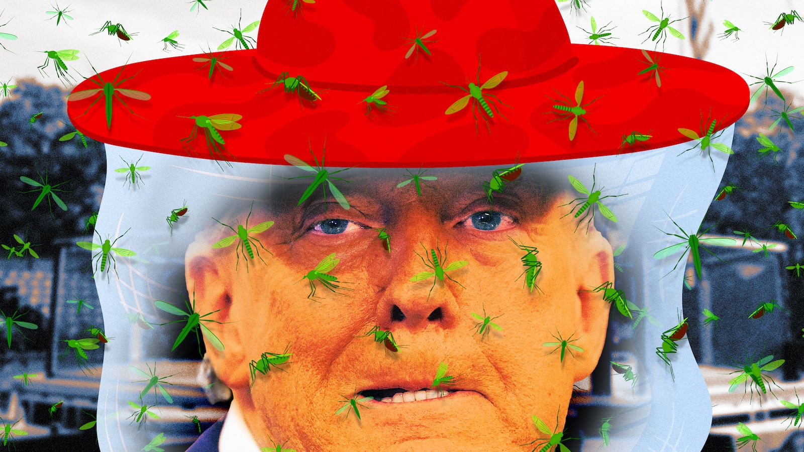 A photo illo illustration Donald Trump, UFC fight, and mosquito swarm.