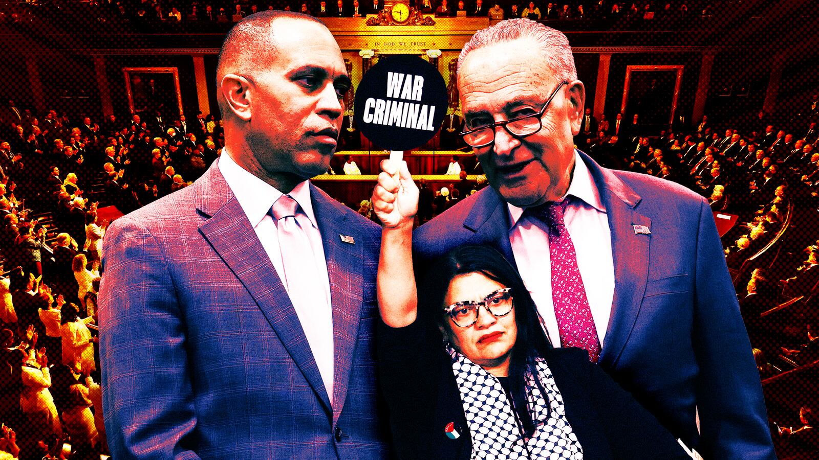 Hakeem Jeffries, Rashida Tlaib, and Chuck Schumer.