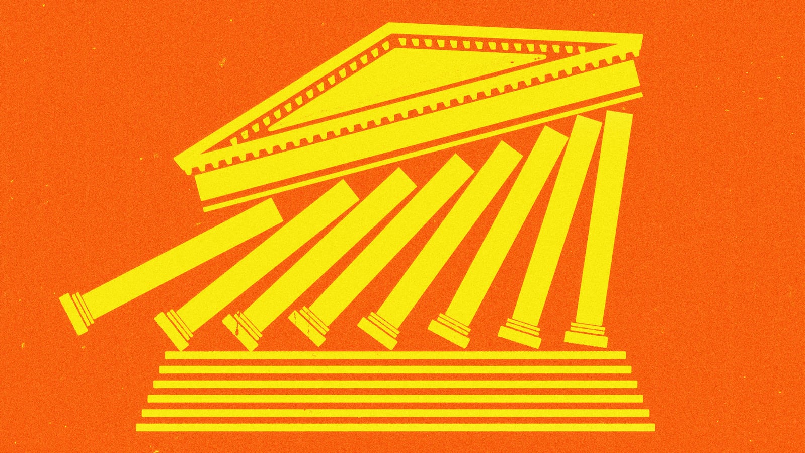 An illustration including knocked over supreme court columns