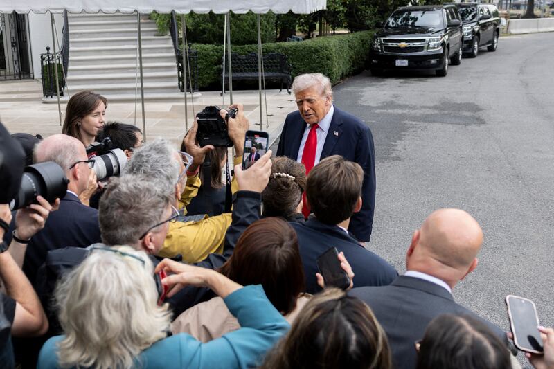 U.S. President Donald Trump speaks to members of the press as he departs the White House en route to the United Kingdom on September 16, 2025 in Washington D.C. (Photo by Mehmet Eser / Middle East Images via AFP) (Photo by MEHMET ESER/Middle East Images/AFP via Getty Images)