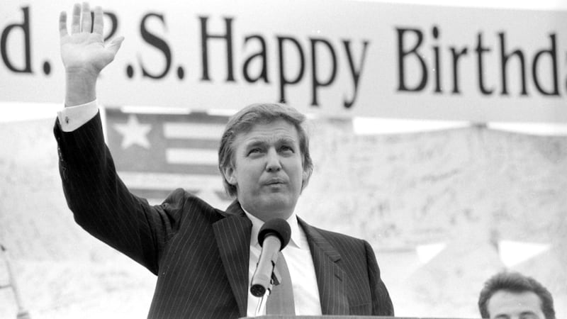 Donald Trump at podium during birthday party in his honor in Atlantic City, NJ in June 26, 1990.