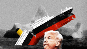 Donald Trump moving up and down in front of a sinking Titanic in front of a photograph of the iceberg that sunk the ship