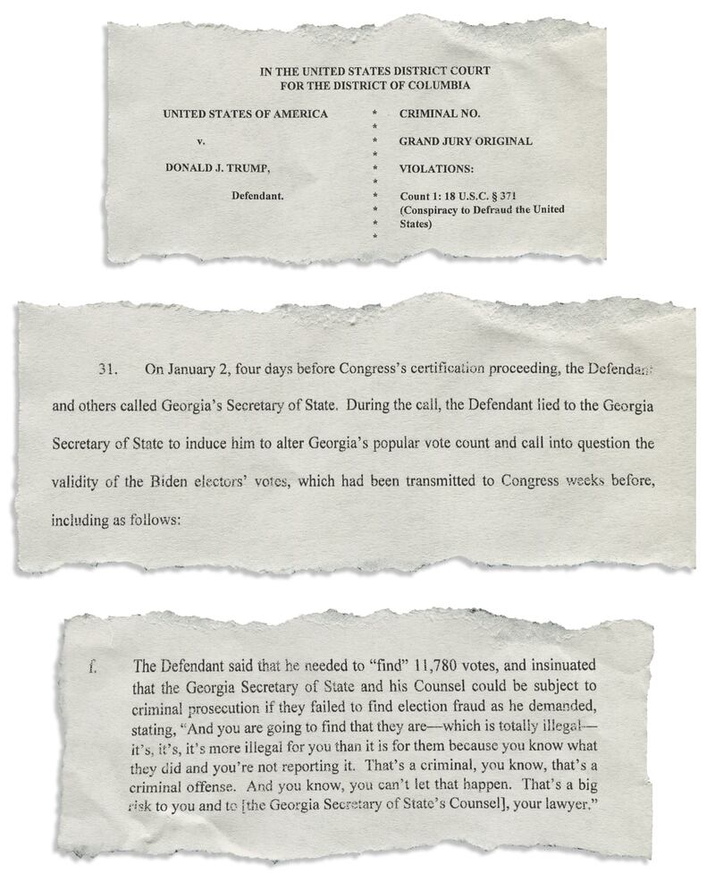 Tear-sheet of snippets of the Jack Smith Federal indictment against President Trump