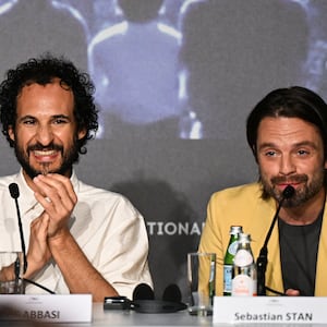 Iranian director Ali Abbasi and U.S. actor Sebastian Stan attend a press conference for the film \"The Apprentice\" during the 77th edition of the Cannes Film Festival in Cannes, southern France, on May 21, 2024.