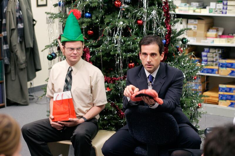 THE OFFICE -- "The Christmas Party" Episode 10 -- Aired 12/06/2005 -- Pictured: (l-r) Rainn Wilson as Dwight Schrute and Steve Carell as Michael Scott -- Photo by: Paul Drinkwater/NBCU Photo Bank