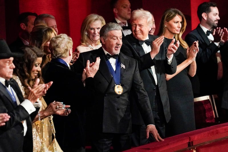 WASHINGTON - DECEMBER 23: Sylvester Stallone, President Donald J. Trump, and First Lady Melania Trump at THE 48TH ANNUAL KENNEDY CENTER HONORS, which will broadcast Tuesday, Dec. 23 (8:00-10:30 PM, ET/PT). (Photo by Tracey Salazar/CBS via Getty Images)