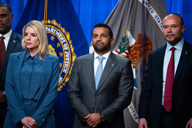 Attorney General Pam Bondi, FBI Director Kash Patel, and Dan Bongino, deputy director of the FBI