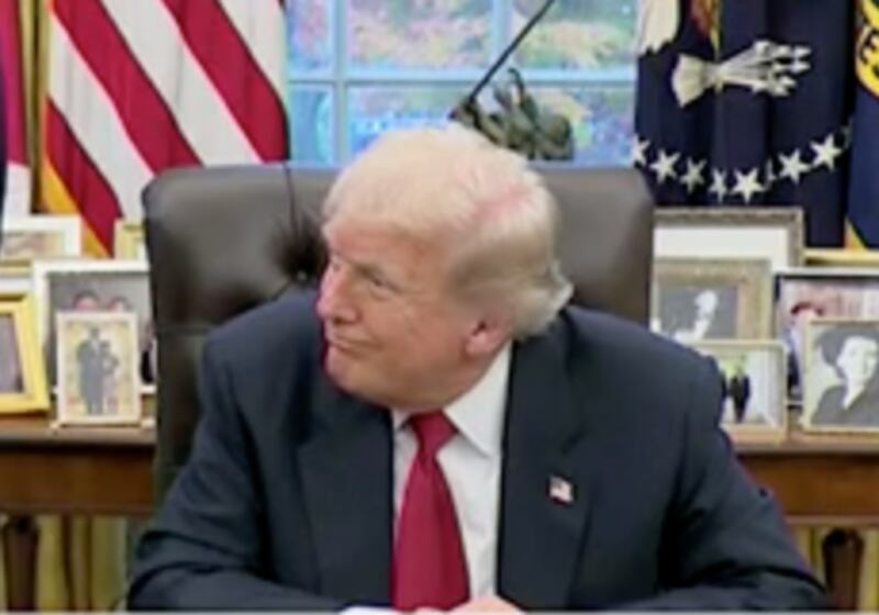 President Donald Trump grinned in the direction of Zohran Mamdani as he shut down a skewed question from a right-wing reporter.