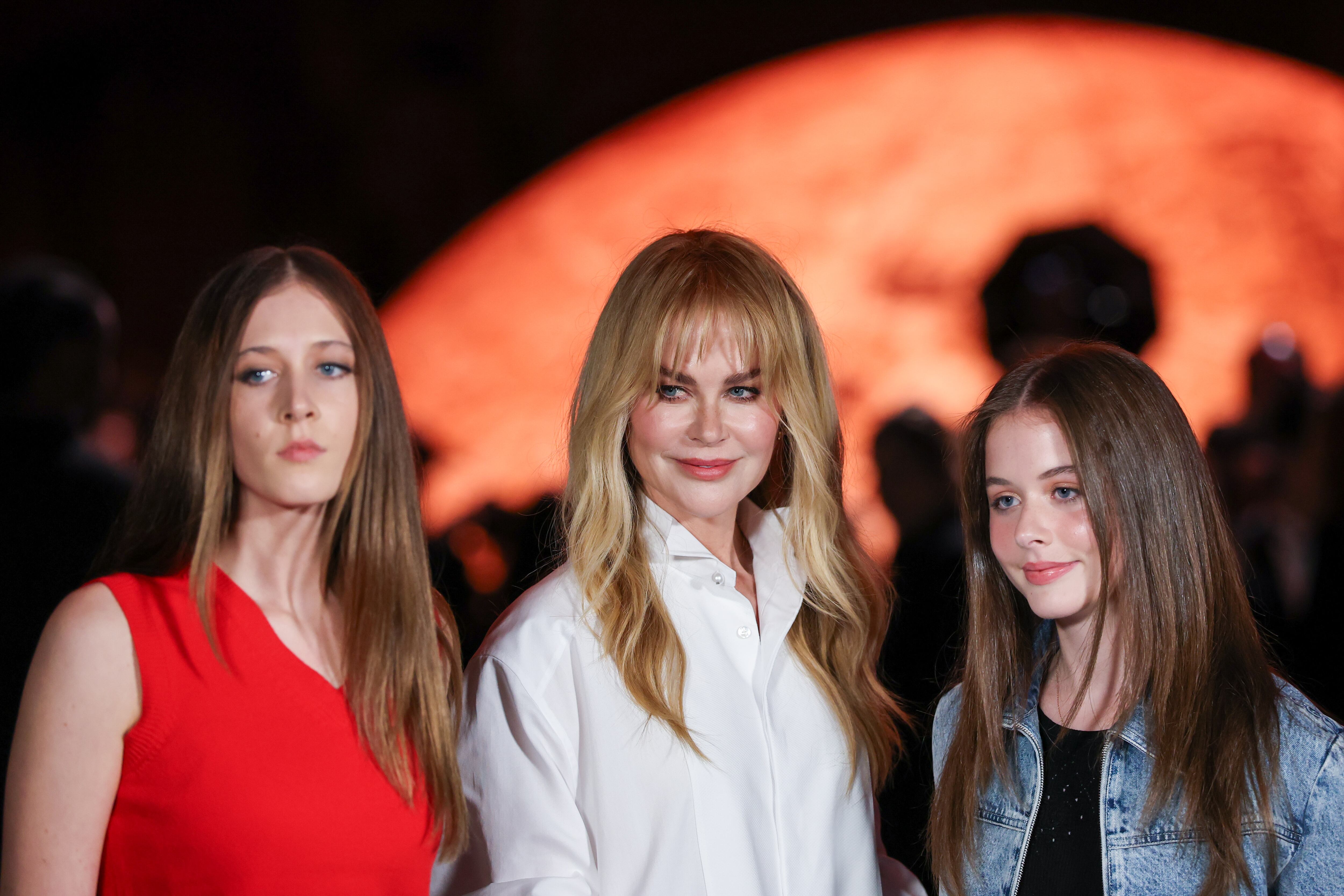 Sunday Rose Kidman-Urban, Nicole Kidman, and Faith Margaret Kidman-Urban attend the Chanel Spring/Summer 2026 show during Paris Fashion Week on October 6, 2025.