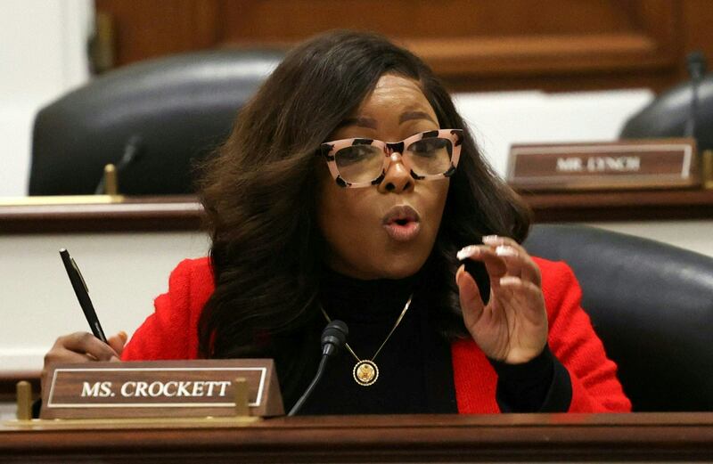 Rep. Jasmine Crockett, pictured here speaking during a House Oversight Committee hearing on February 12, announced she will seek the position as top Democrat on the powerful committee.