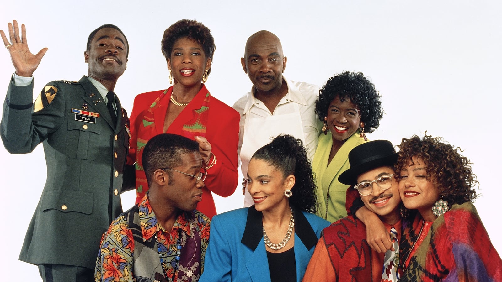 A DIFFERENT WORLD -- Pictured: (back row, l-r) Glynn Turman as Col. Bradford 'Brad' Taylor, Dawnn Lewis as Jaleesa Vinson Taylor, Lou Myers as Vernon GAines, Charnele Brown as Kimberly 'Kim' Reese (front row) Kadeem Hardison as Dwayne Cleophus Wayne, Jasmine Guy as Whitley Marion Gilbert Wayne, Darryl M. Bell as Ronald 'Ron' Johnson, Cree Summer as Winifred 'Freddie' Brooks