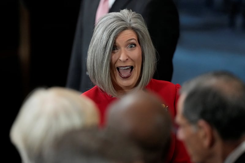 Sen. Joni Ernst, R-Iowa, arrives before the 60th Presidential Inauguration in the Rotunda of the U.S. Capitol in Washington, Monday, Jan. 20, 2025.      Julia Demaree Nikhinson/Pool via REUTERS