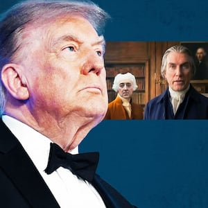 Donald Trump at the White House Correspondents Dinner and an AI-generated video still of a founding fathers video.