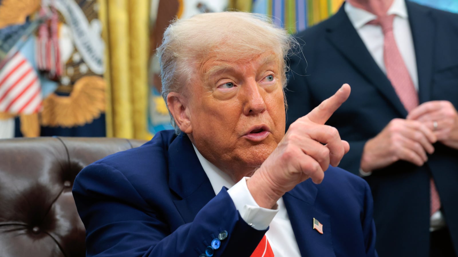 WASHINGTON, DC - MAY 08: U.S. President Donald Trump address reporters in the Oval Office at the White House on May 08, 2025 in Washington, DC. During his remarks Trump spoke about a trade deal with the United Kingdom that he announced today. (Photo by Anna Moneymaker/Getty Images)