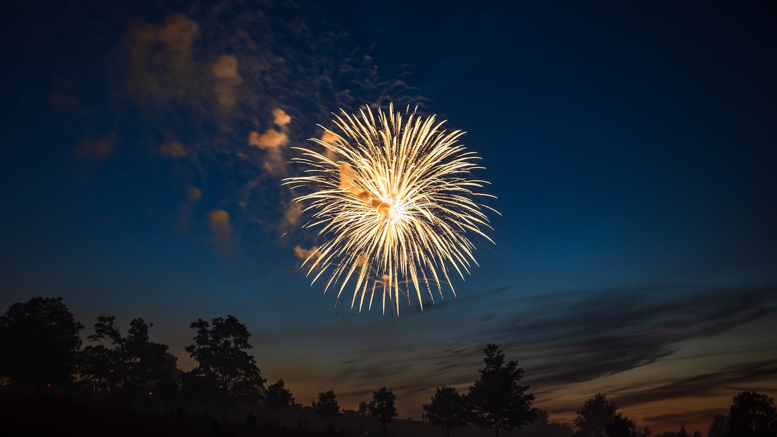 Fireworks against colourful twilight sky.