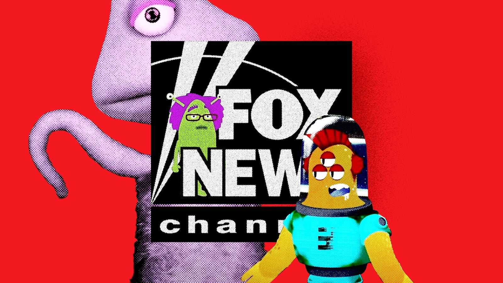 A photo illustration of the Fox News logo with the alien characters of Alien Super Show crawling over it.