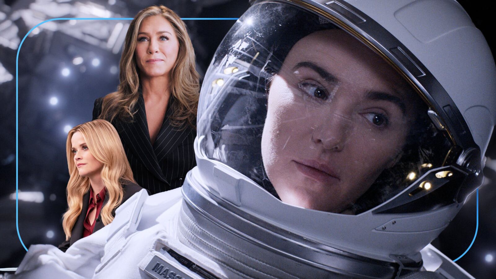 A photo illustration of Tyner Rushing, Reese Witherspoon, and Jennifer Aniston in The Morning Show and For All Mankind