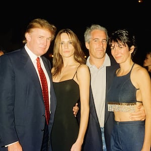 From left, American real estate developer Donald Trump and his girlfriend (and future wife), former model Melania Knauss, financier (and future convicted sex offender) Jeffrey Epstein, and British socialite Ghislaine Maxwell pose together at the Mar-a-Lago club, Palm Beach, Florida, February 12, 2000. (Photo by Davidoff Studios/Getty Images)