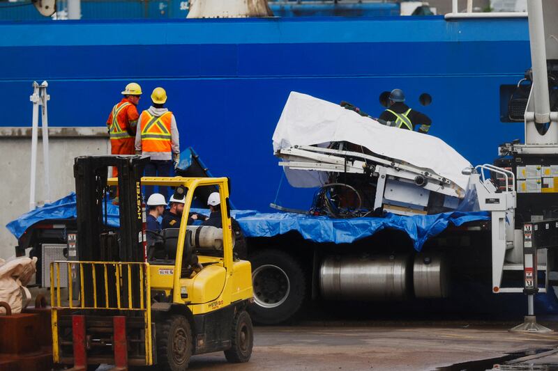 A view of the Horizon Arctic ship, as salvaged pieces of the Titan submersible from OceanGate Expeditions are returned, in St. John's harbour, Newfoundland, Canada June 28, 2023. REUTERS/David Hiscock
