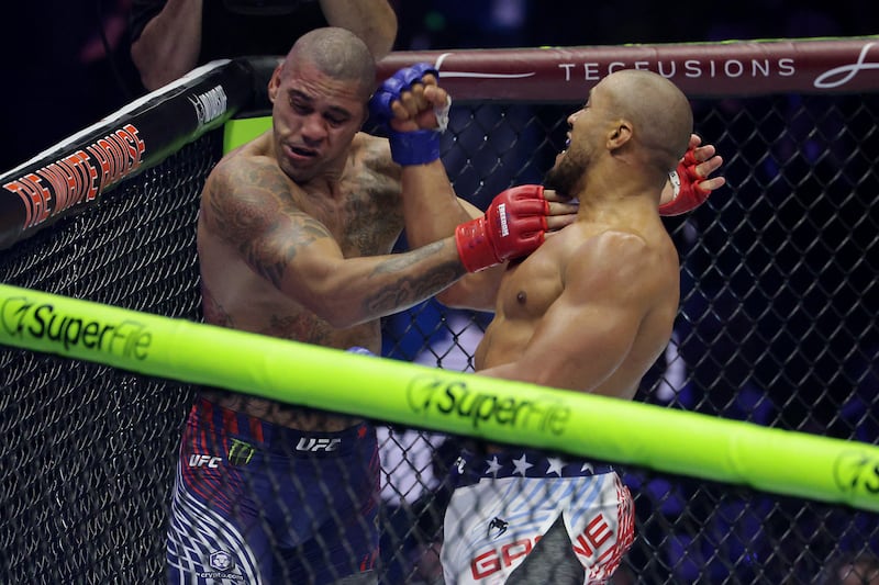 Ciryl Gane punches Alex Pereira in a heavyweight interim title bout during UFC Freedom 250 on the South Lawn of the White House on June 14, 2026 in Washington, DC. President Trump is hosting a series of Ultimate Fighting Championship matches on his 80th birthday, which the White House is calling "a once-in-a-generation celebration of the American fighting spirit.”